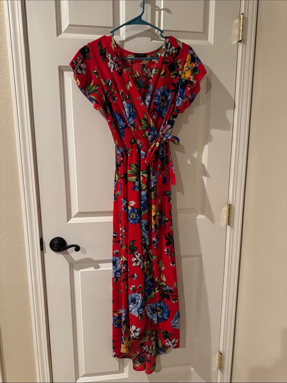 Red Floral Wrap Maxi Dress with Tie Waist